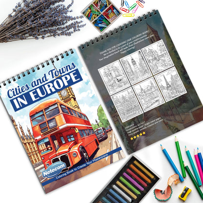 Cities and Towns In Europe Spiral Bound Coloring Book, Picturesque European Cities and Towns for a Cultural Art Journey, Perfect for Travel Enthusiasts