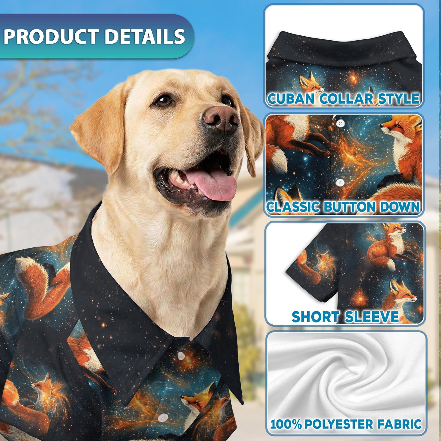 Netecom Matching Fox Starlight Hawaiian Shirt for Dog and Owner, Aloha Summer Shirt, Fox Night Sky Print Button Down Outfit for Pet and Human, Beach Vacation Casual Wear