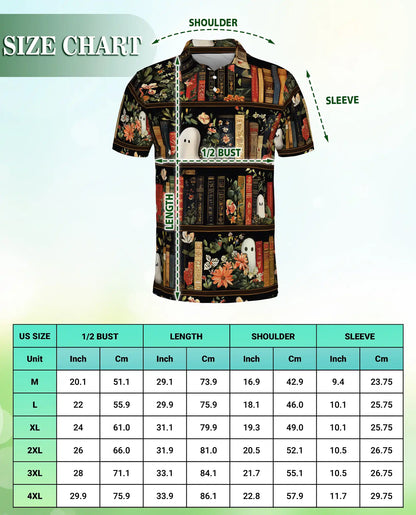 Ghost Library 3D Polo Shirt for Men – Vintage Floral Bookcase Style | Netecom