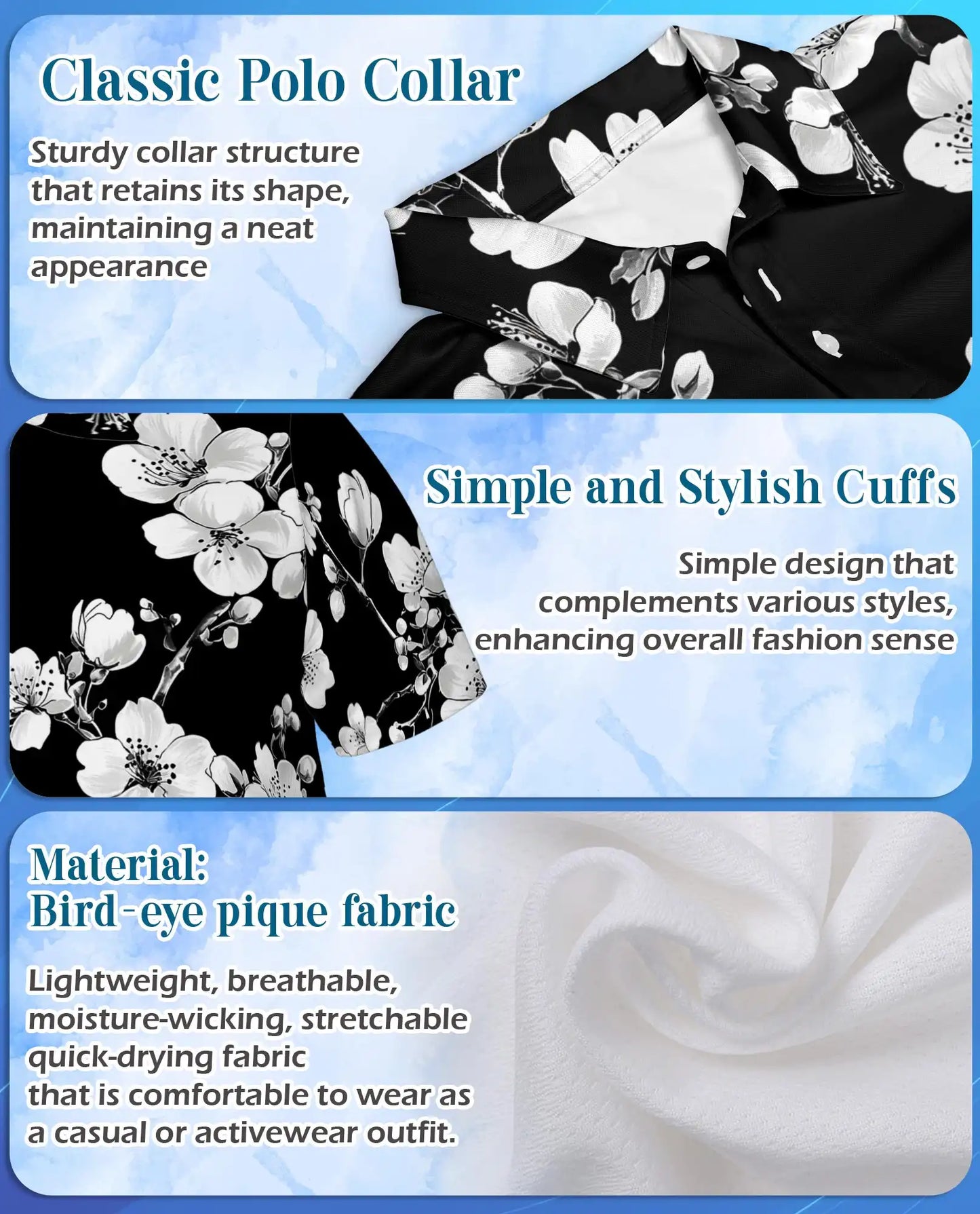 Monochrome Cherry Blossom Polo Shirt - Elegant Floral Style | Netecom