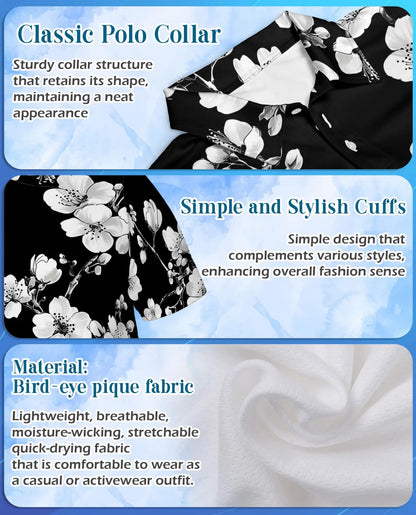 Monochrome Cherry Blossom Polo Shirt - Elegant Floral Style | Netecom