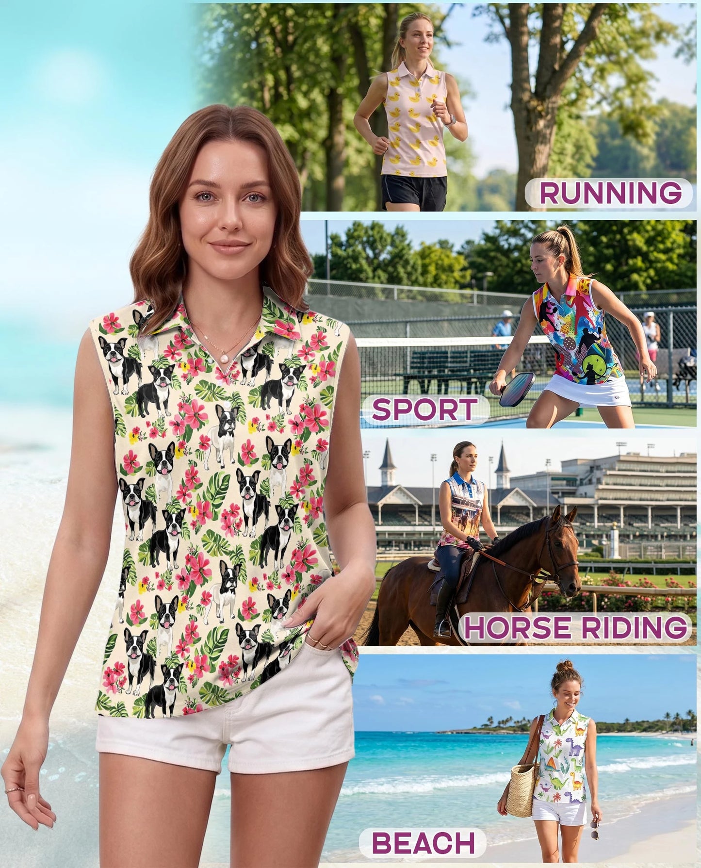 Boston Terrier Floral Sleeveless Polo Shirt for Women – Cute Dog Style | Netecom