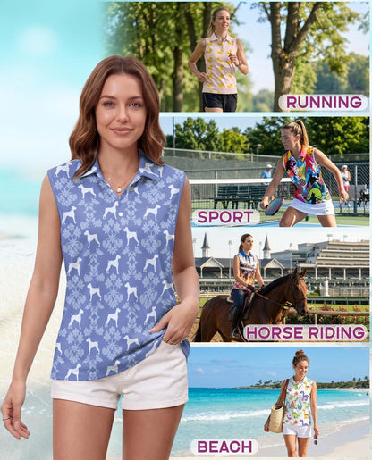 Boxer Dog Damask Pattern Sleeveless Polo Shirt for Women | Netecom