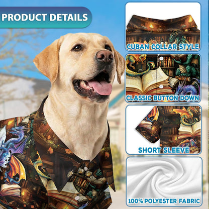 Netecom Matching Dragon Book Hawaiian Shirt for Dog and Owner, Aloha Summer Shirt, Dragon Reading Print Outfit for Pet and Human, Beach Vacation Casual Wear