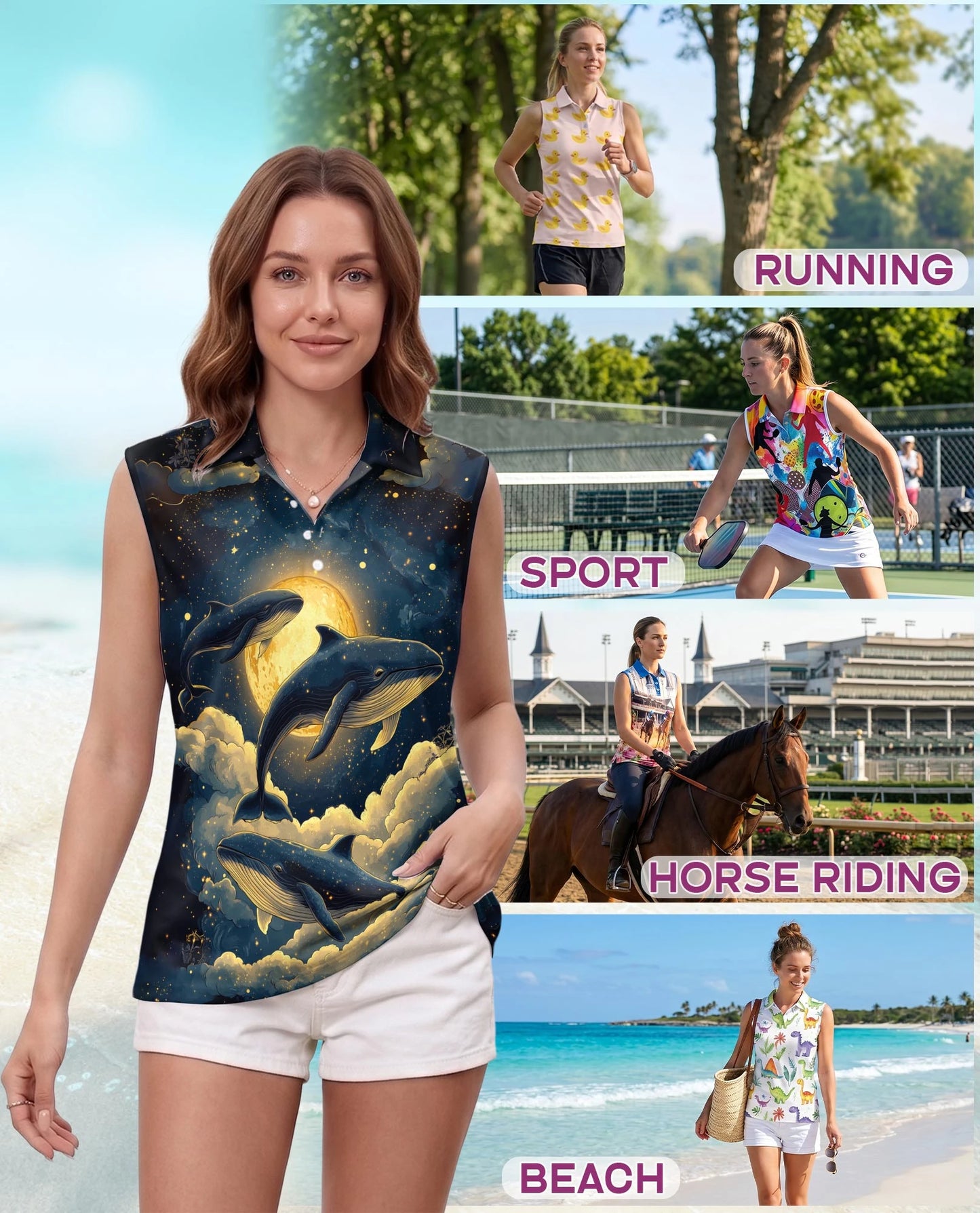 Midnight Whale Sleeveless Polo Shirt for Women | Netecom