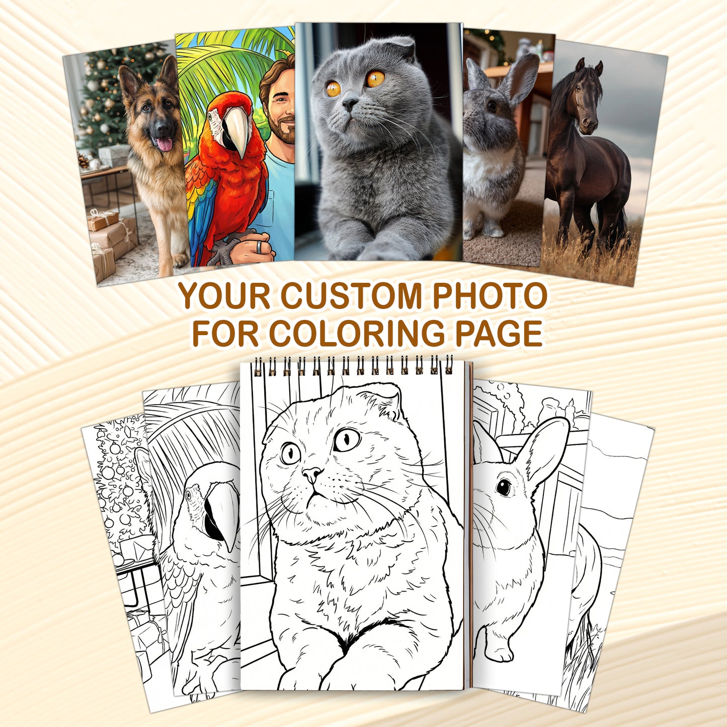 Personalized Pet Coloring Book for Adults – Custom Coloring Pages from Your Pet Photos , 12–48 Pages, Gift for Dog, Cat, and Animal Lovers, Premium Wooden Cover, Spiral Binding