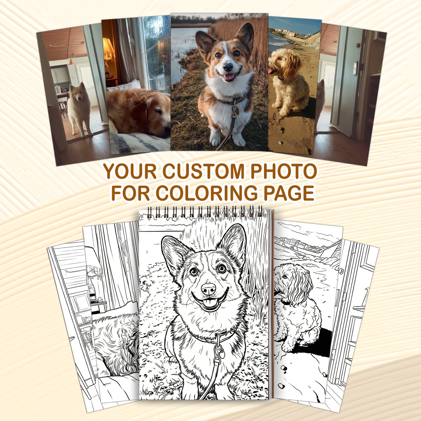 Personalized Dog Coloring Book for Adults – Custom Dog Line Art Coloring Pages from Photos,  12–48 Pages, Unique Keepsake for Pet Lovers, Premium Wooden Cover, Spiral Binding