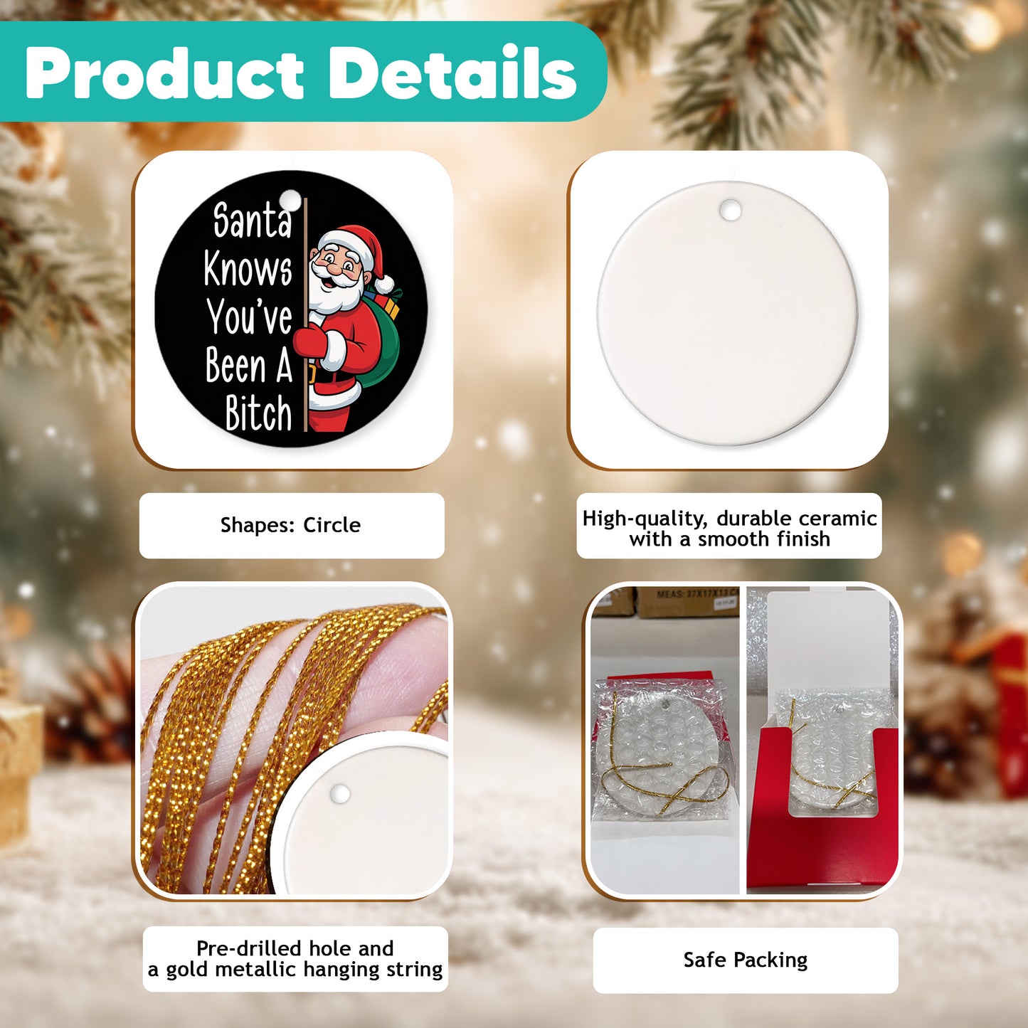 Netecom Funny Santa Claus Christmas Ornament, Santa Knows You've Been Ceramic Ornament for Xmas Tree Hanging Decorations Gift, Gifts for Friends & Family, Holiday Party Present