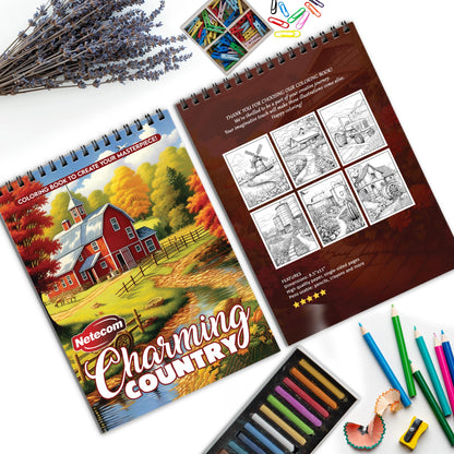 Charming Country Spiral Bound Coloring Book, Picturesque Country Scenes for a Delightful Artistic Escape, Perfect for Those Seeking Rural Charm