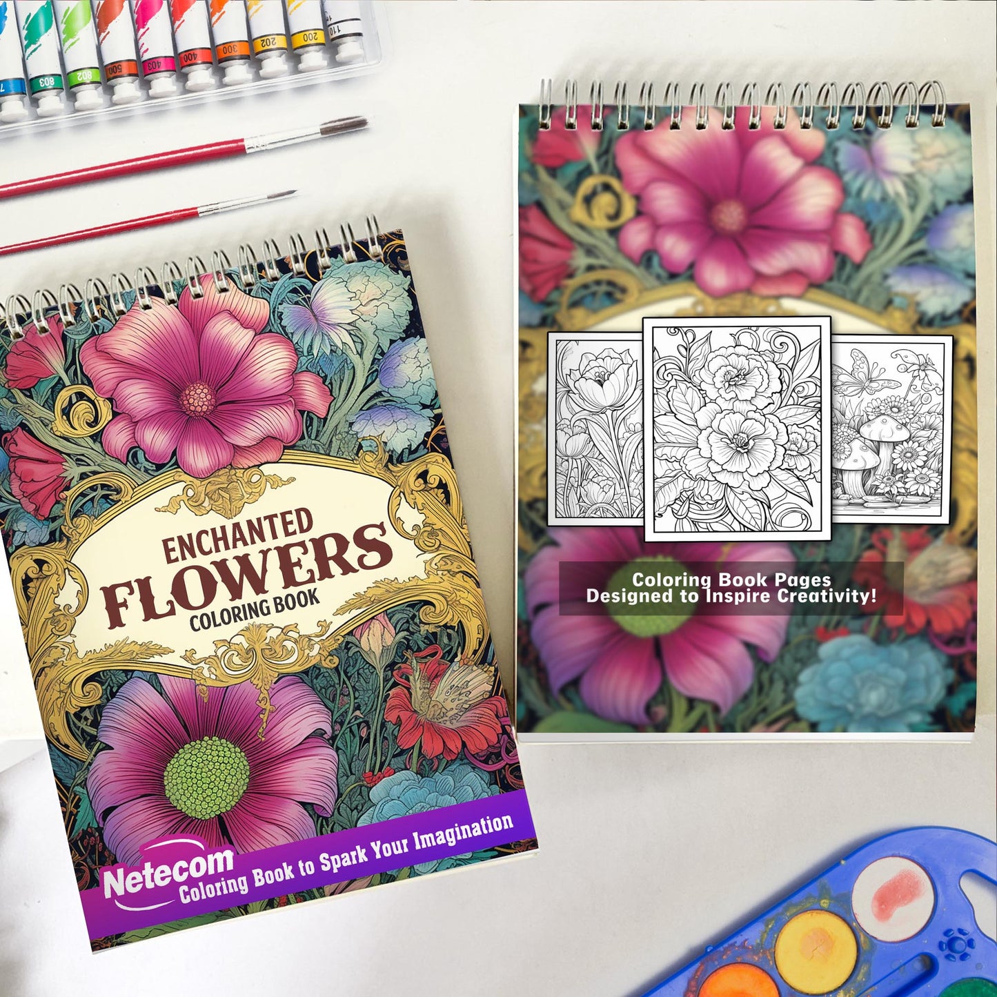 Enchanted Flowers Spiral Bound Coloring Book, Step into a World of Imagination with 25+ Whimsical Flower Illustrations | Relaxation, Mindfulness, and Fun for All Ages | Perfect Gift for Fantasy and Flower Fans