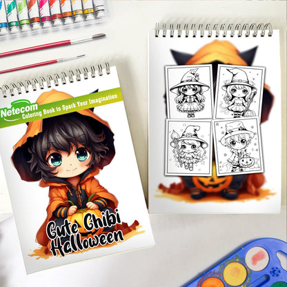 Cute Chibi Halloween Witchy Spiral Bound Coloring Book, Join the Adorable Halloween Celebration with 30 Enchanting Pages, Where Cute Chibi Witches Cast Spells of Delight.