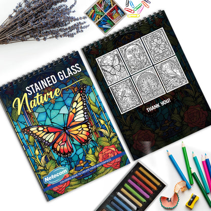 Stained Glass Nature Spiral Bound Coloring Book, Nature-Inspired Stained Glass Art, Great for Those Seeking a Colorful and Unique Artistic Challenge