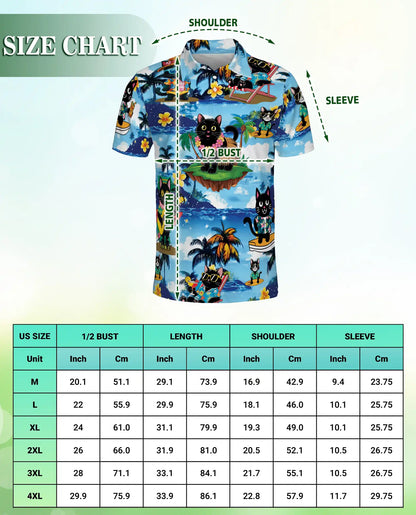 Tropical Black Cat 3D Polo Shirt for Men – Hawaiian Beach Cartoon Style | Netecom