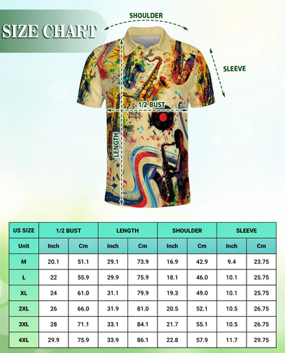 Saxophone Music 3D Polo Shirt for Men – Jazz Retro Art Style | Netecom