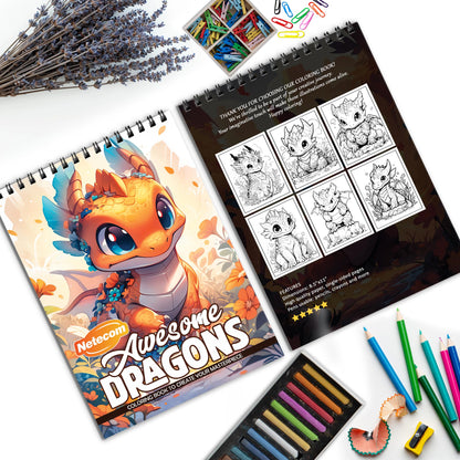 Awesome Dragons Spiral Bound Coloring Book, Mighty Dragons for a Mythical Coloring Experience, Perfect for Dragon Enthusiasts and Fantasy Lovers