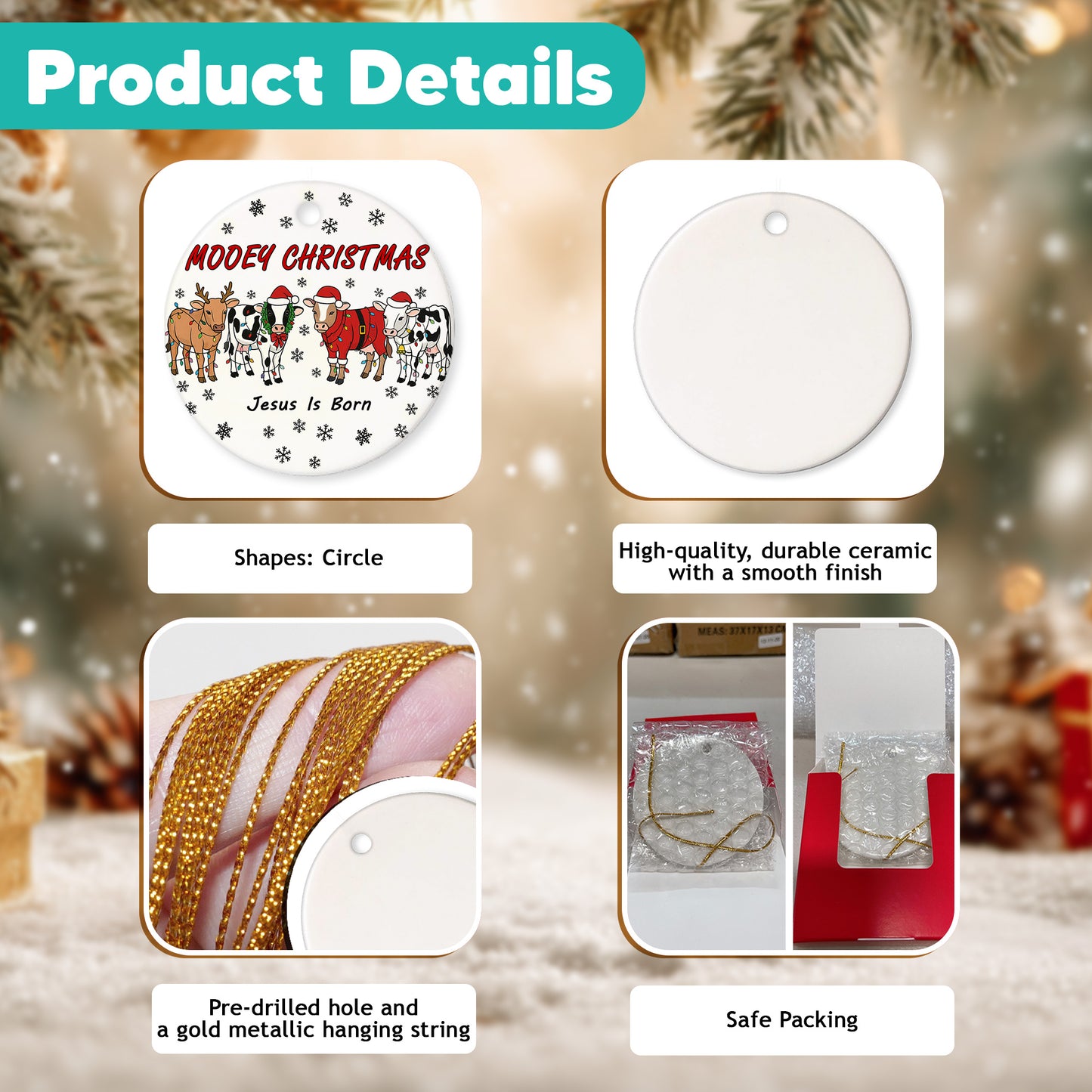 Netecom Funny Cow Christmas Ornament, Mooey Christmas Ceramic Ornament for Xmas Tree Hanging Decorations Gift, Farmer Gifts, Holiday Party Present