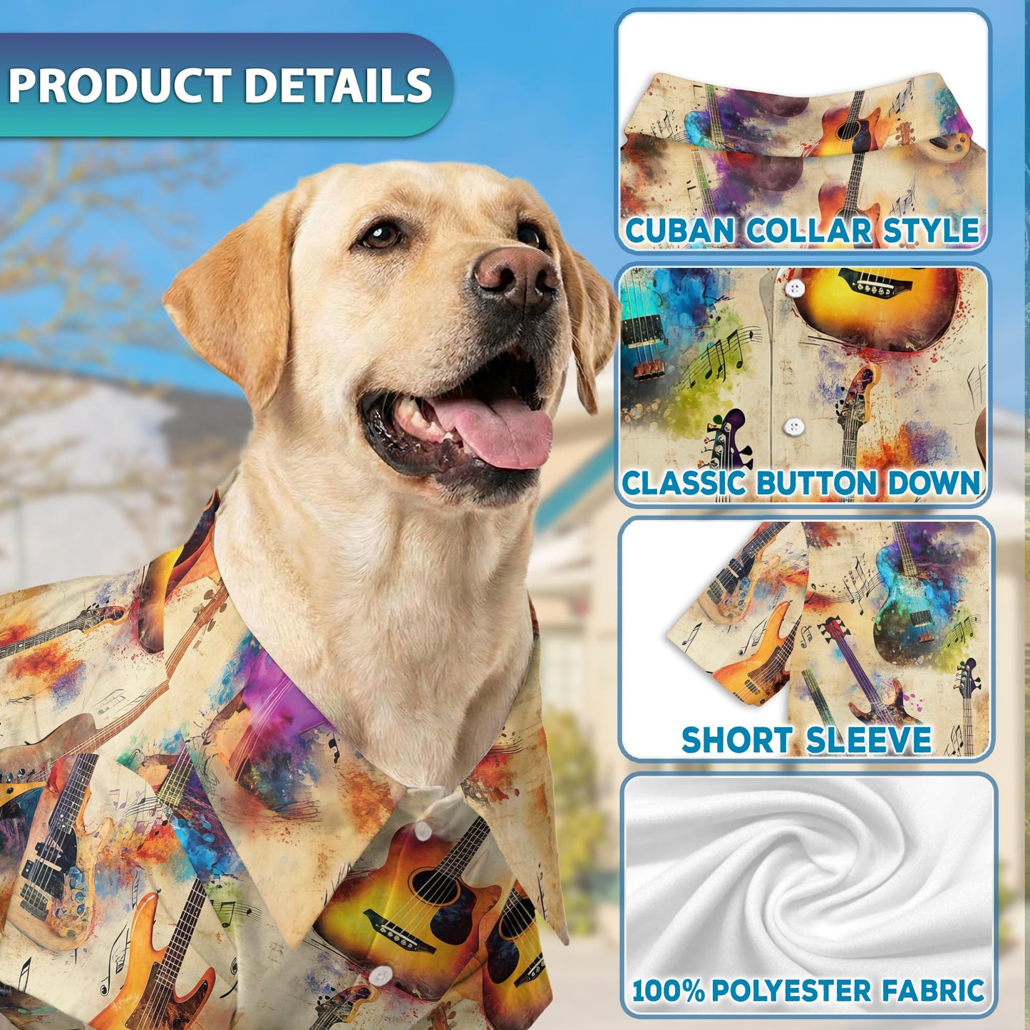 Netecom Matching Vintage Guitar Aloha Hawaiian Shirt for Dog and Owner, Aloha Summer Shirt, Retro Music Guitar Print Outfit for Pet and Human, Beach Vacation Casual Wear