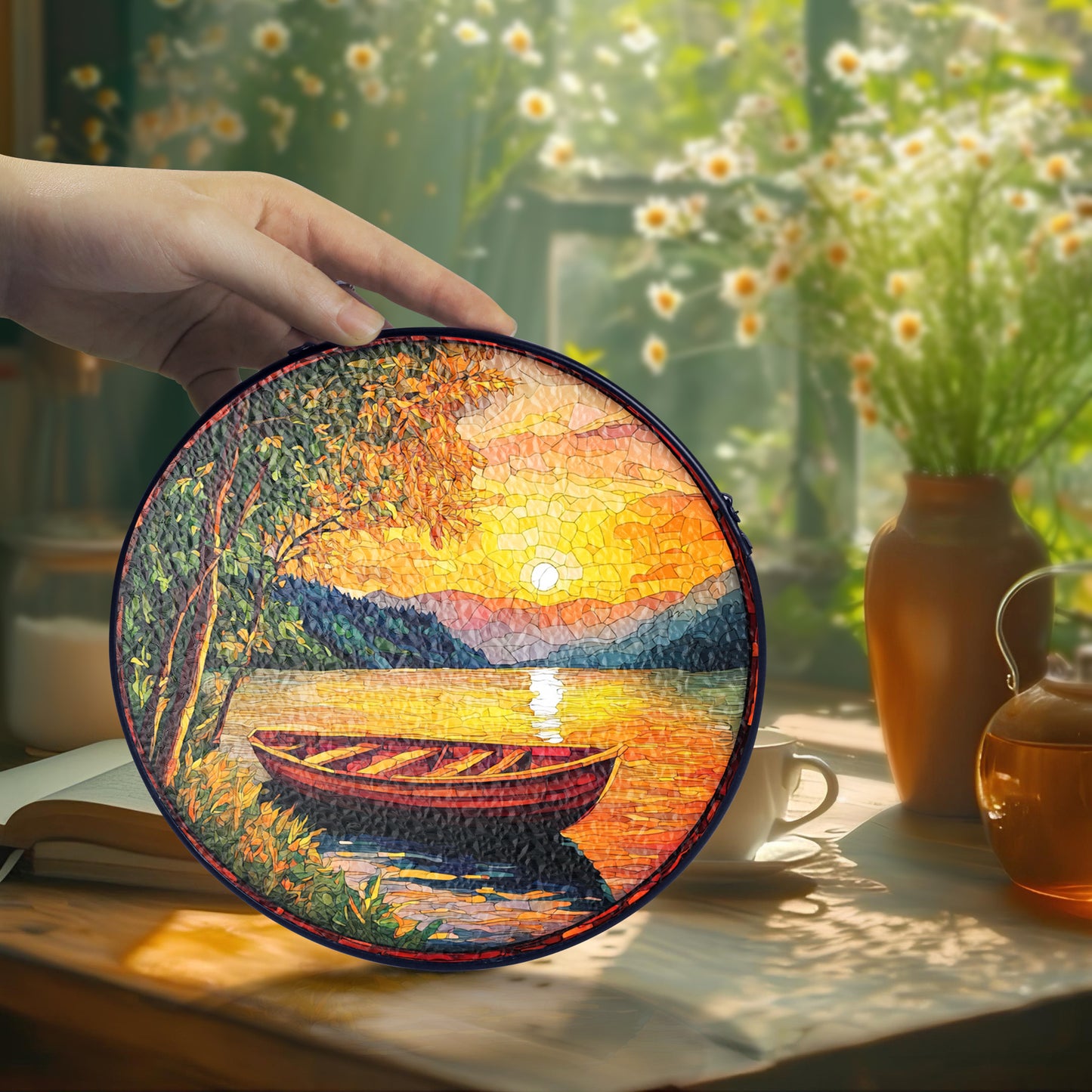 Netecom Beautiful Sunset on the River Stained Glass Sun Catcher – Scenic River Ornament, Perfect Gift for Outdoors Enthusiasts