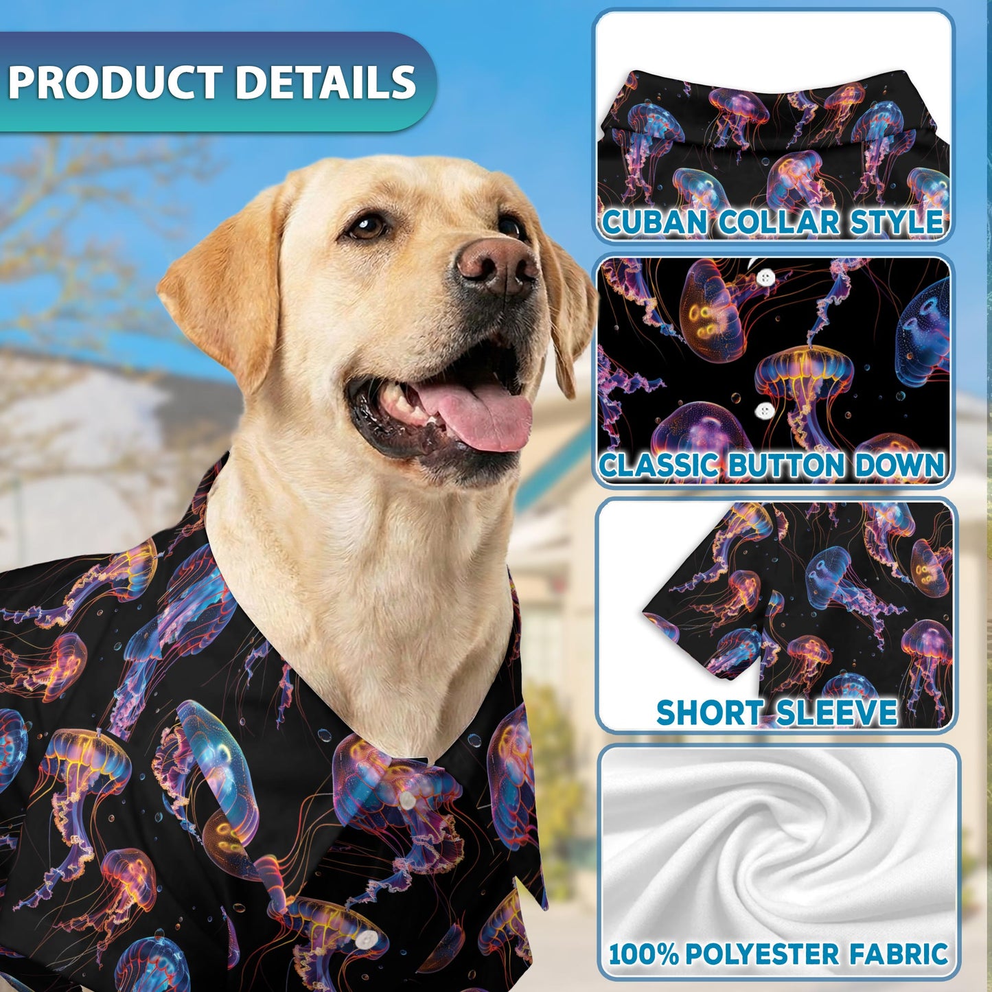 Netecom Matching Neon Jellyfish Aloha Hawaiian Shirt for Dog and Owner, Ocean Glow Theme Summer Shirt, Coordinated Beach Vacation Casual Wear for Pet and Human