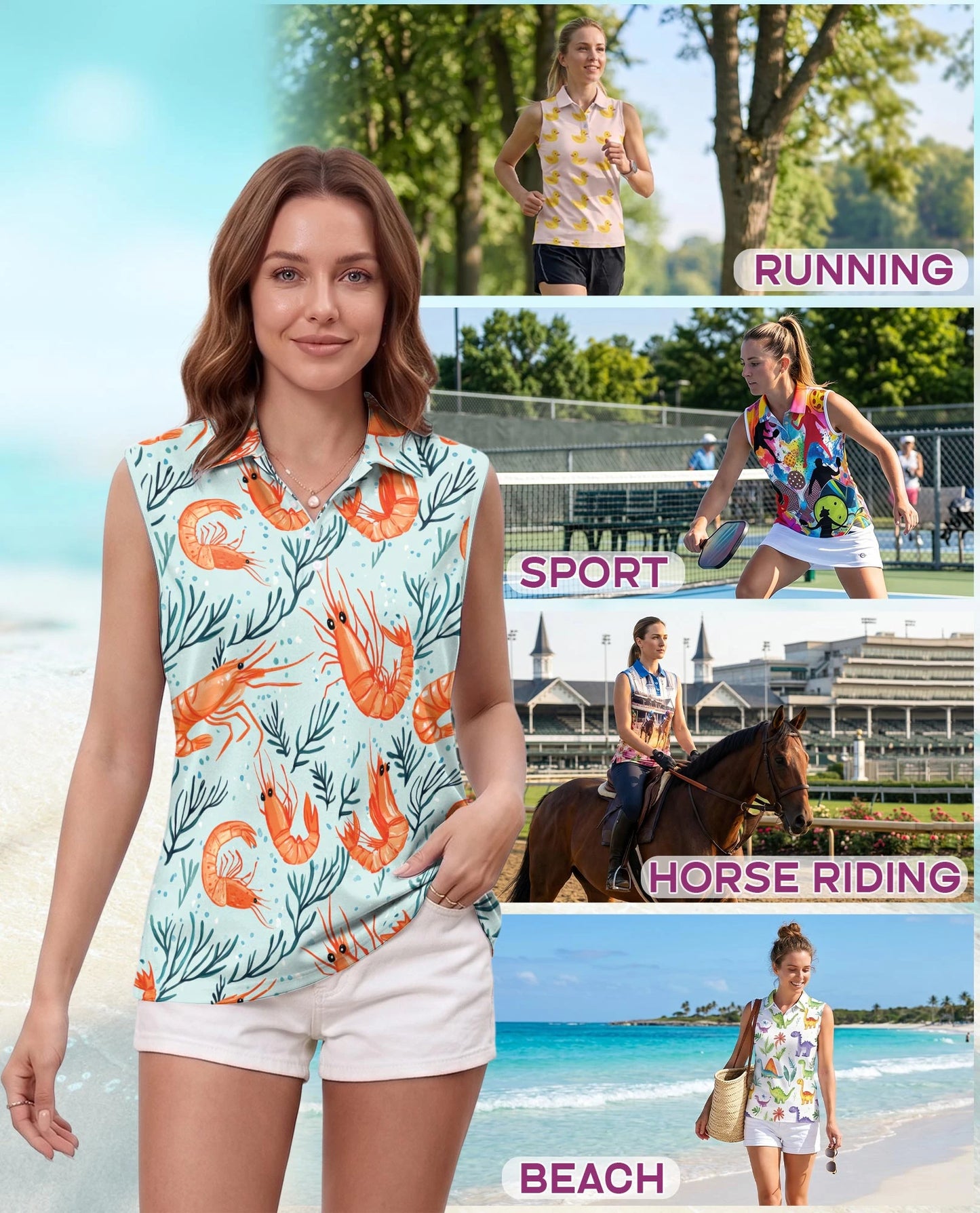 Shrimp Print Sleeveless Polo Shirt for Women | Netecom