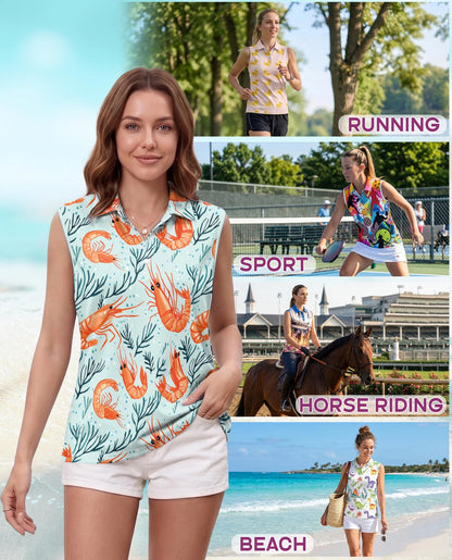 Shrimp Print Sleeveless Polo Shirt for Women | Netecom