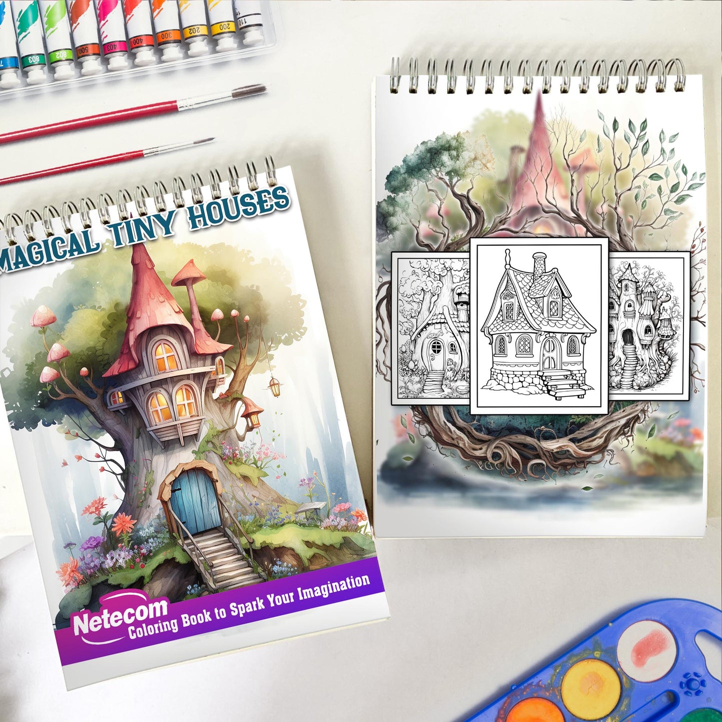 Magical Tiny Houses Spiral Bound Coloring Book, Tiny House Wonderland with 30 Playful Coloring Pages of Miniature Magical Homes