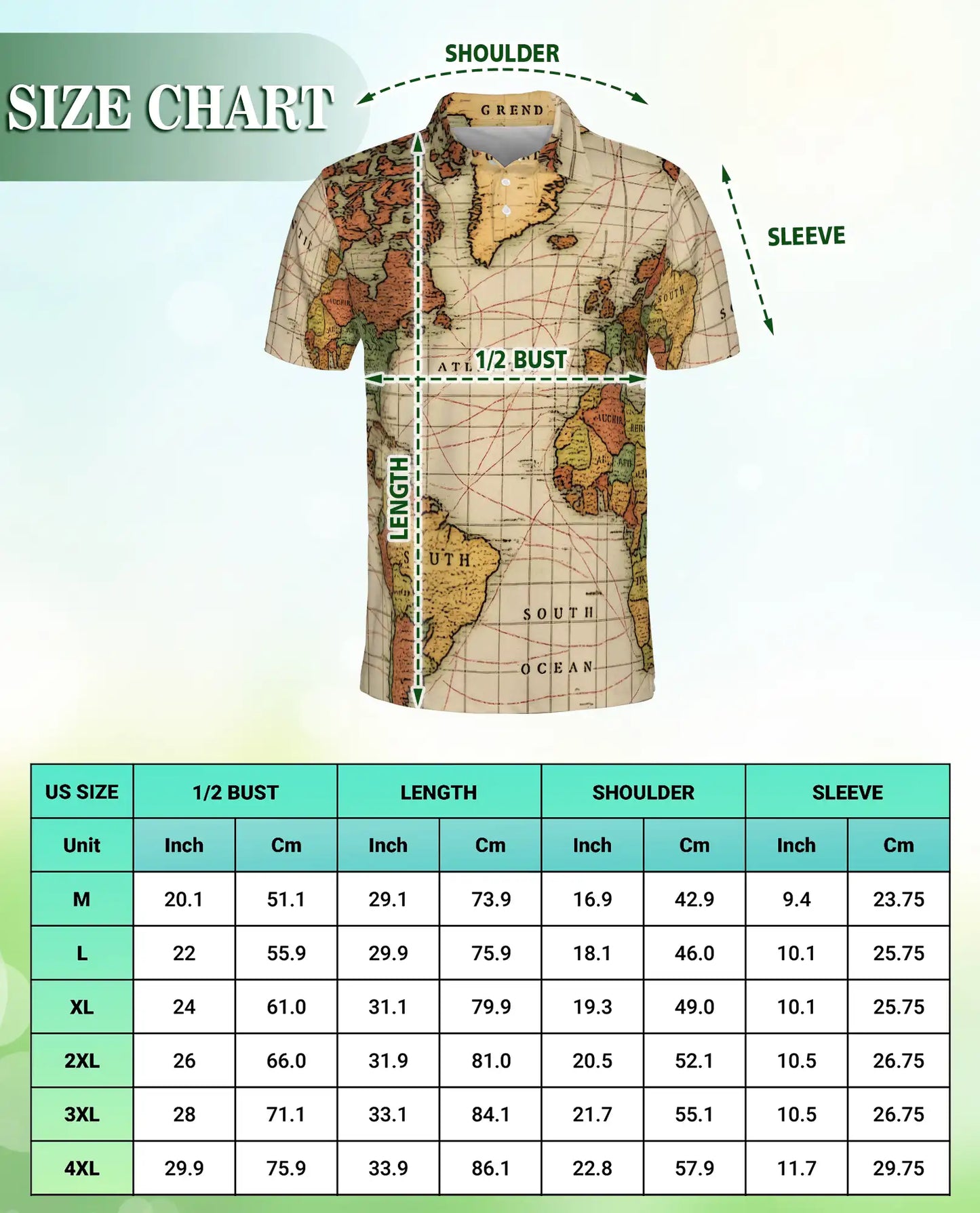 Vintage World Map Polo Shirt-Antique Nautical Atlas Print Travel Theme | Netecom