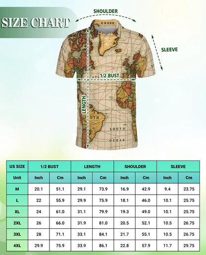 Vintage World Map Polo Shirt-Antique Nautical Atlas Print Travel Theme | Netecom