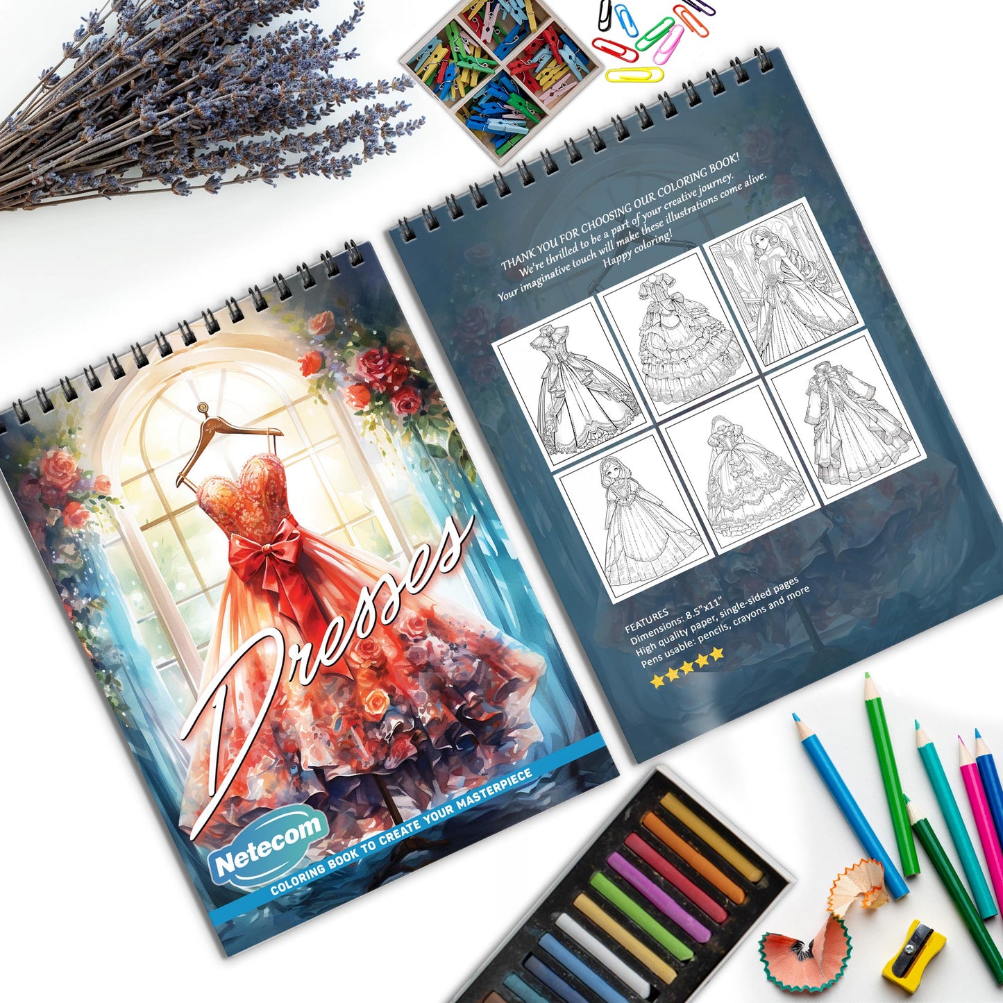 Dresses Spiral Bound Coloring Book, Elegant Dresses for Fashionable Artistic Expression, Perfect for Style Enthusiasts and Creative Minds