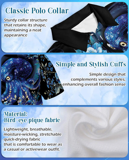 Blue Octopus Polo Shirt - Floral Ocean Fantasy Marine Art Design | Netecom
