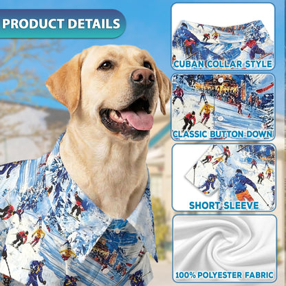 Netecom Matching Vintage Skiing Hawaiian Shirt for Dog and Owner, Aloha Summer Shirt, Retro Ski Print Outfit for Pet and Human, Beach Vacation Casual Wear