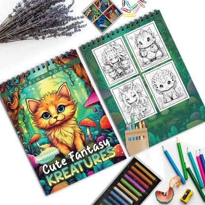 Cute Fantasy Kreatures Spiral Bound Coloring Book, Whimsical Fantasy Creatures for a Charming and Playful Art Adventure, Great for Young Artists