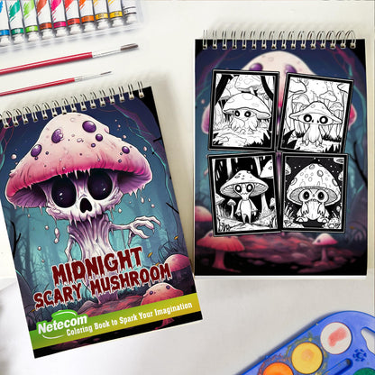 Midnight Scary Mushroom Spiral Bound Coloring Book, Dive into 30 Haunting Coloring Pages, Capturing the Sinister Beauty of Scary Mushrooms