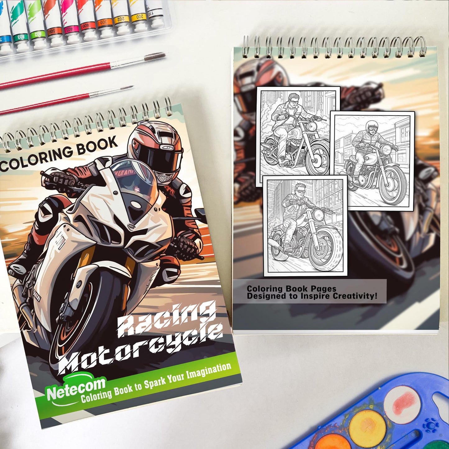 Racing Motorcycle Spiral Bound Coloring Book, Indulge in 30 Whimsical Coloring Pages, Featuring Speedy Racing Motorcycles with Striking Designs