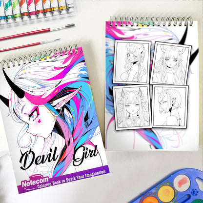 Devil Girl Spiral Bound Coloring Book, Dive into a World of Anime with 30 Mesmerizing Coloring Pages, featuring Devilish and Alluring Girls