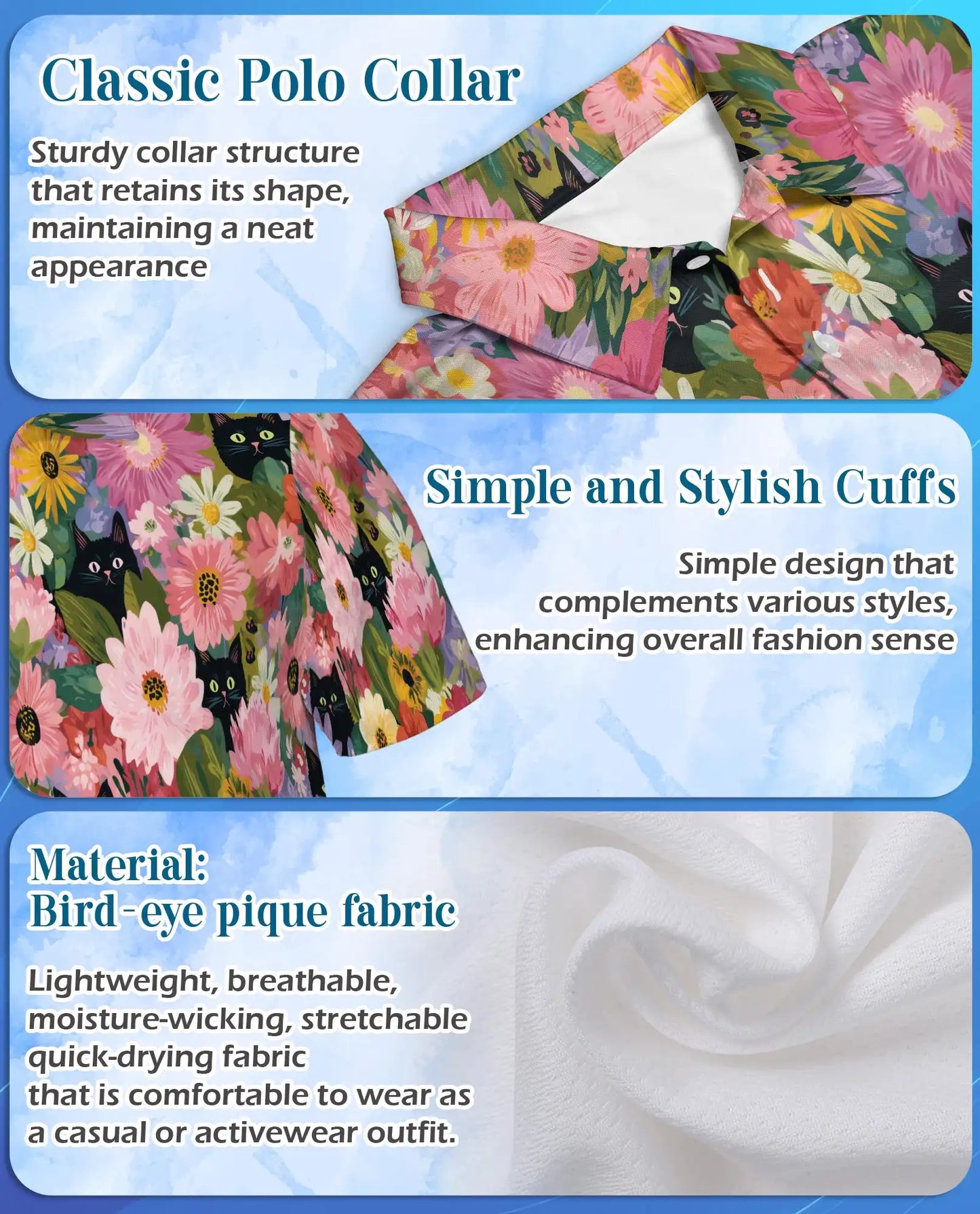 Black Cat Floral Polo Shirt - Colorful Garden Kitty Style | Netecom