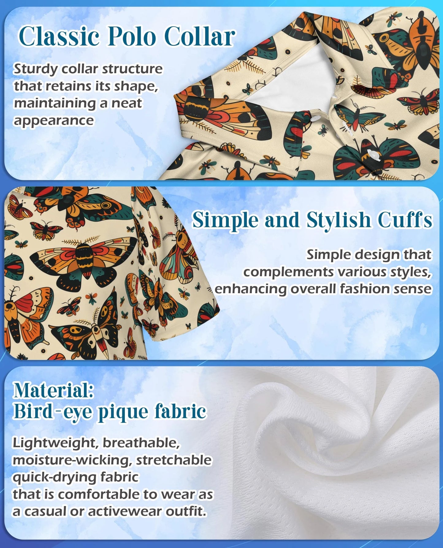 Vintage Butterfly Pattern Polo Shirt for Men – Retro Floral Nature Style | Netecom