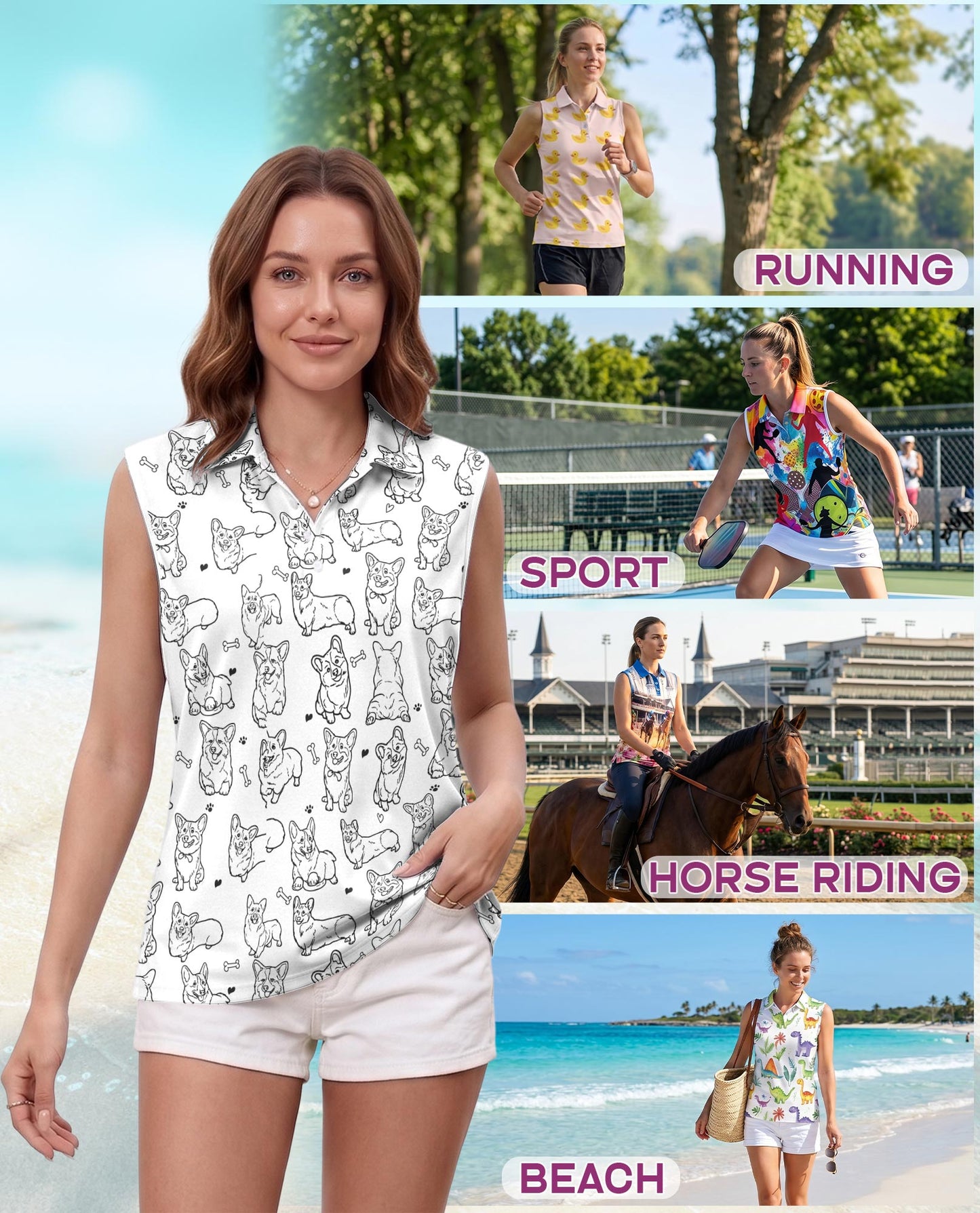 Corgi Pattern Sleeveless Polo Shirt for Women | Netecom