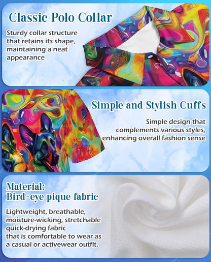 Psychedelic German Shepherd 3D Polo Shirt for Men – Colorful Dog Lover Art Style | Netecom