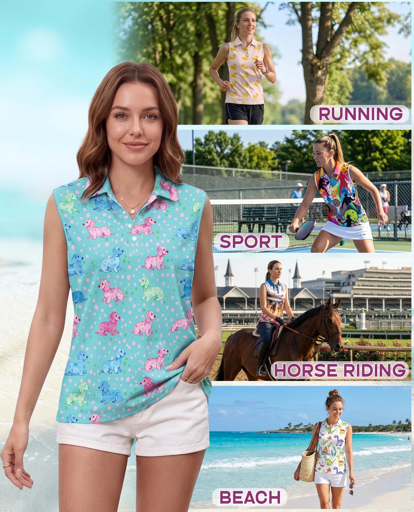 Dachshund Sleeveless Polo Shirt for Women | Netecom