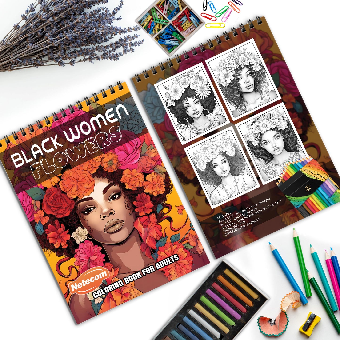 Black Women Flowers Spiral Bound Coloring Book, Celebrating Black Women Amidst Floral Beauty, Ideal for Empowerment and Artistic Expression