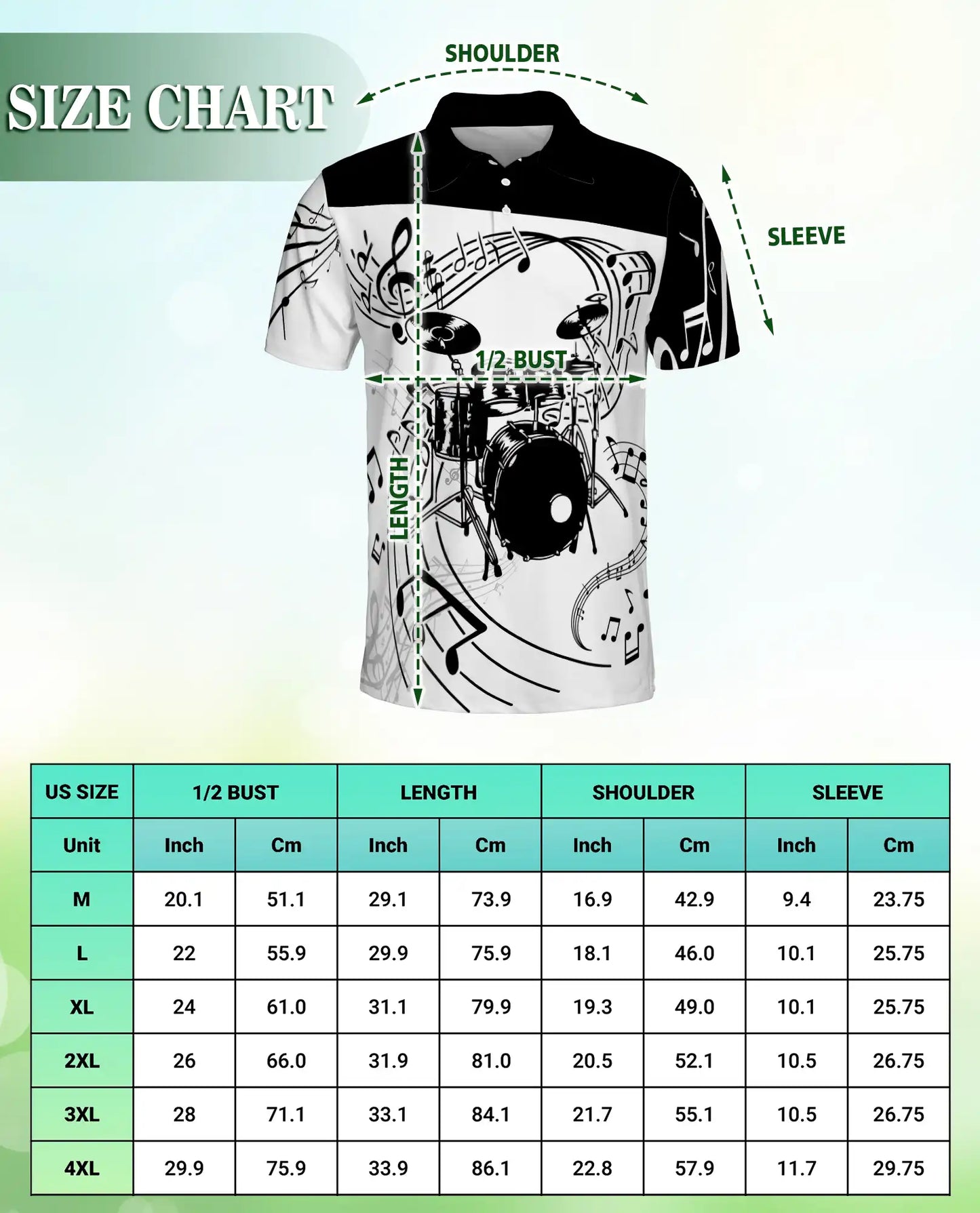 Drum Music 3D Polo Shirt for Men – Black White Band Art Style | Netecom
