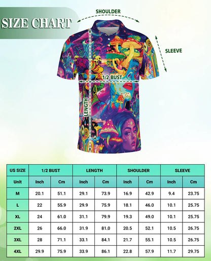 Psychedelic Mushroom Art 3D Polo Shirt for Men – Neon Trippy Fantasy Style | Netecom