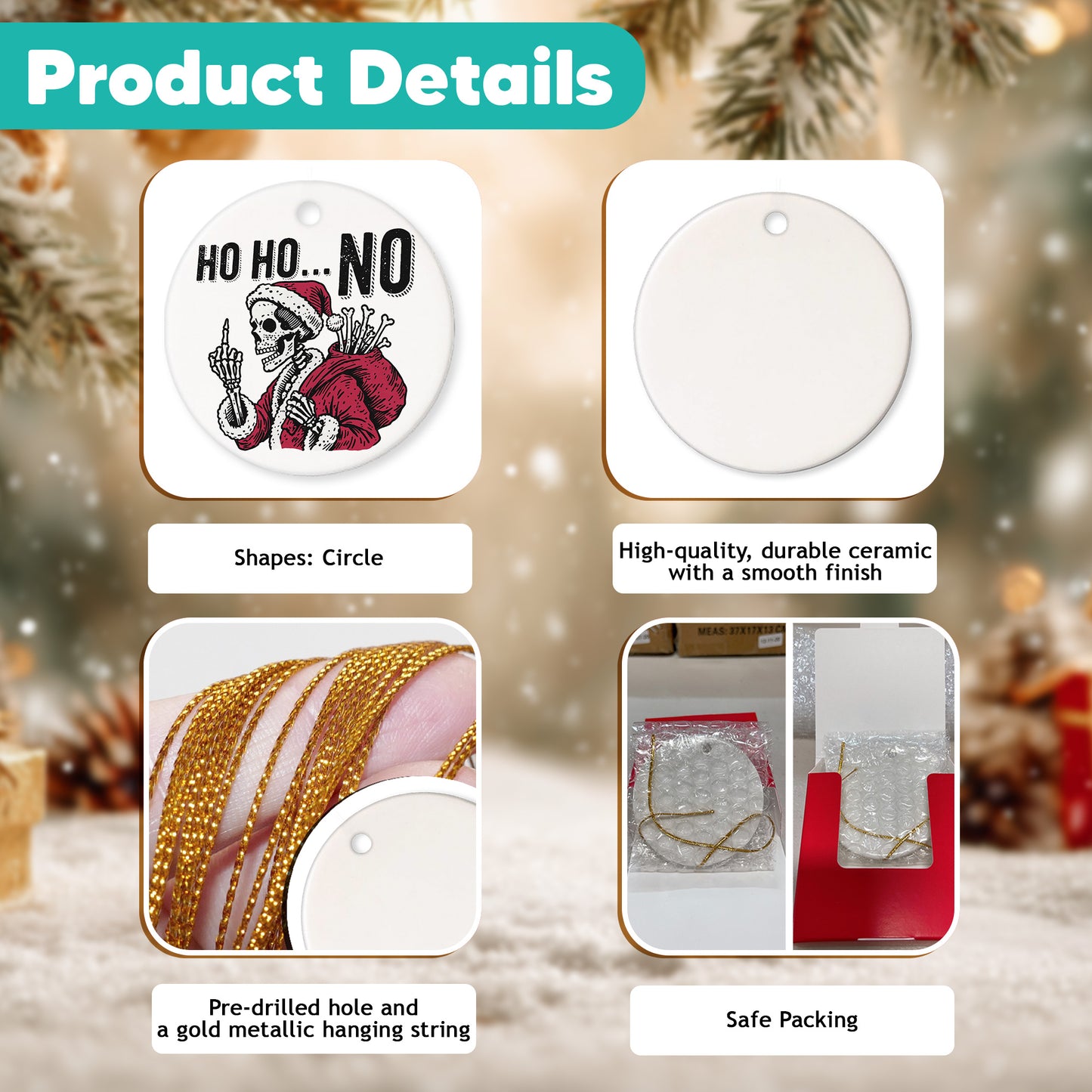 Netecom Funny Santa Skeleton Christmas Ornament, Humorous Ceramic Ornament for Xmas Tree Hanging Decorations Gift, Skeleton Lover Gifts, Holiday Party Present