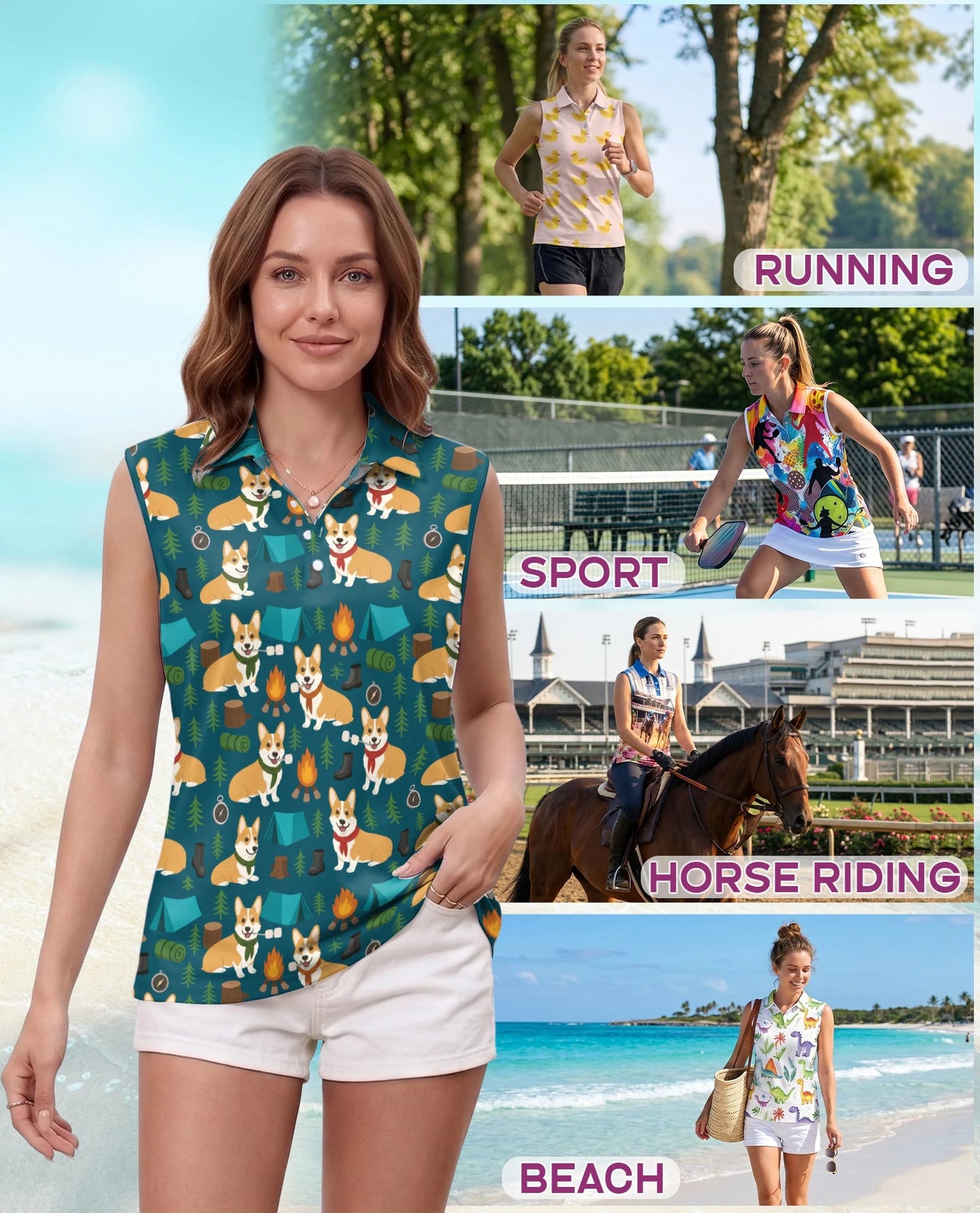 Corgi Camping Sleeveless Polo Shirt for Women – Cute Outdoor Dog Style | Netecom