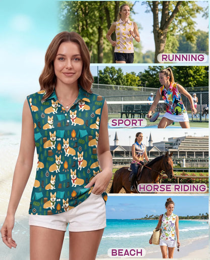 Corgi Camping Sleeveless Polo Shirt for Women – Cute Outdoor Dog Style | Netecom