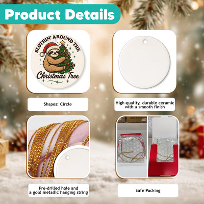 Netecom Funny Sloth in Santa Hat Orrnament, Slothin Around The Christmas Tree Ceramic Ornament for Xmas Tree Hanging Decorations Gift, Sloth Lover Gifts, Holiday Party Present
