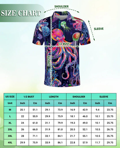 Neon Octopus Jellyfish 3D Polo Shirt for Men – Colorful Ocean Fantasy Style | Netecom