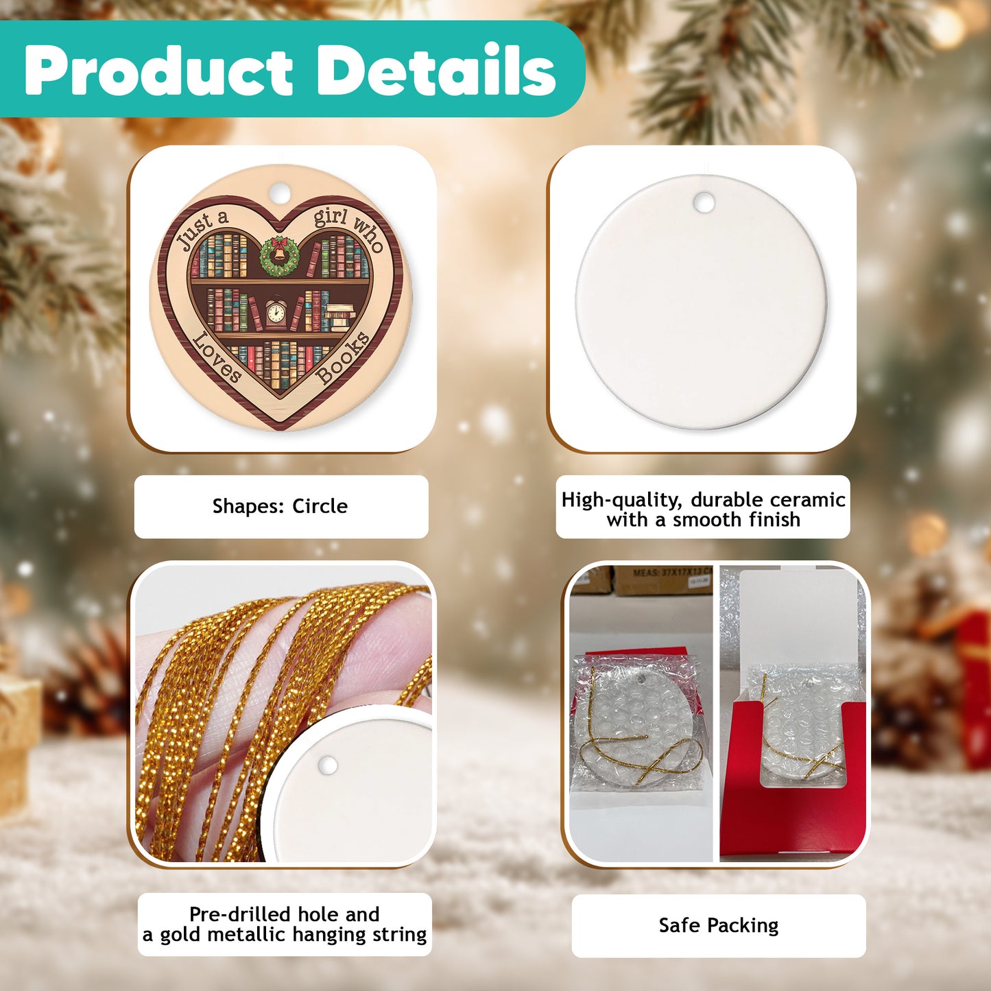 Netecom Just a Girl Who Loves Books Ornament, Bookshelf Heart Ceramic Ornament for Christmas Tree Hanging Decorations Gift, Book Lover Gifts for Women Librarian Teacher Bookworm, Party Present