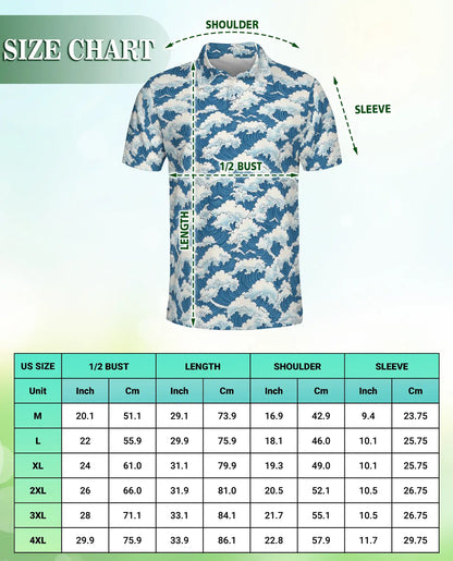 Japanese Ocean Wave 3D Polo Shirt for Men – Coastal Minimalist Art Style | Netecom